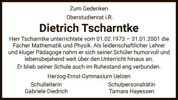 Todesanzeige von Dietrich Tscharntke von UEL