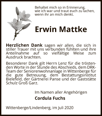 Todesanzeige von Erwin Mattke von UEL