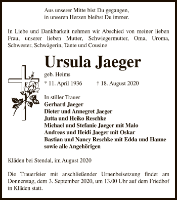Todesanzeige von Ursula Jaeger von UEL