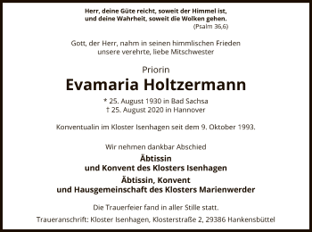 Todesanzeige von Evamaria Holtzermann von UEL