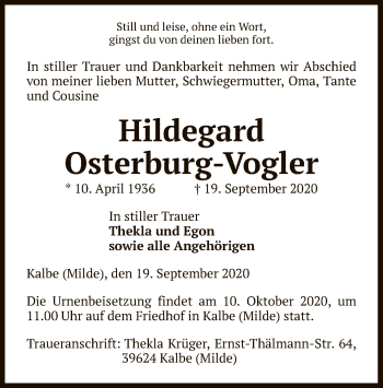 Todesanzeige von Hildegard Osterburg-Vogler von UEL
