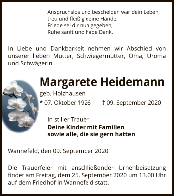 Todesanzeige von Margarete Heidemann von UEL