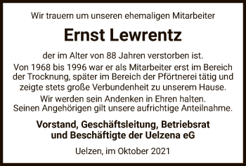 Todesanzeige von Ernst Lewrentz von UEL