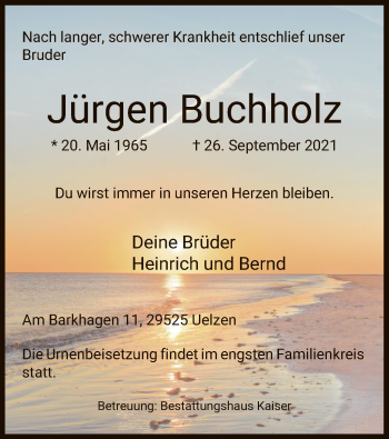 Todesanzeige von Jürgen Buchholz von UEL