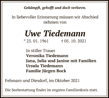 Todesanzeige von Uwe Tiedemann von UEL