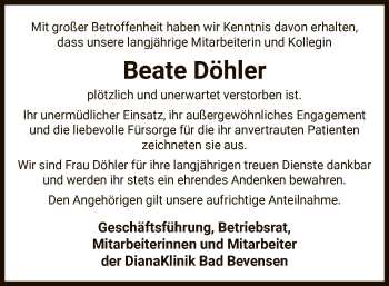 Todesanzeige von Beate Döhler von UEL