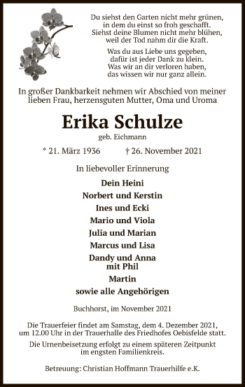 Todesanzeige von Erika Schulze von UEL