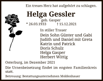 Todesanzeige von Helga Gessler von UEL