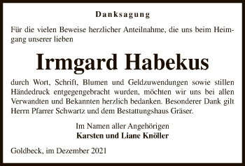 Todesanzeige von Irmgard Habekus von UEL
