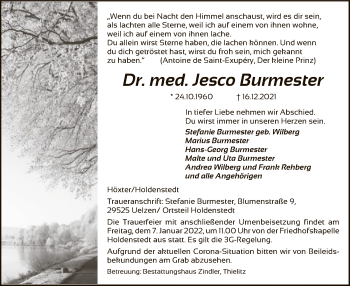 Todesanzeige von Jesco Burmester von UEL
