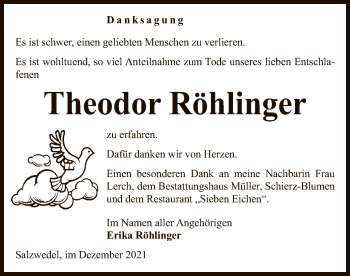 Todesanzeige von Theodor Röhlinger von UEL