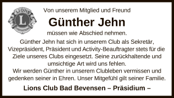 Todesanzeige von Günther Jehn von UEL