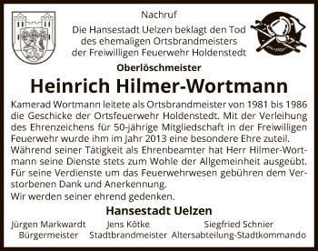 Todesanzeige von Heinrich Hilmer-Wortmann von UEL