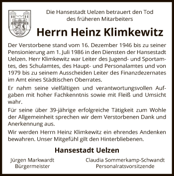 Todesanzeige von Heinz Klimkewitz von UEL