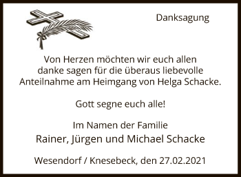 Todesanzeige von Helga Schacke von UEL