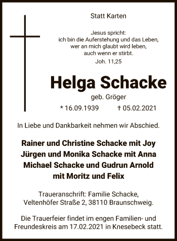 Todesanzeige von Helga Schacke von UEL