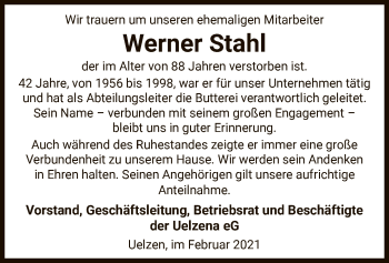 Todesanzeige von Werner Stahl von UEL