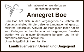 Todesanzeige von Annegret Boe von UEL