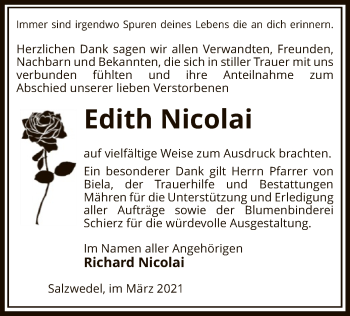 Todesanzeige von Edith Nicolai von UEL