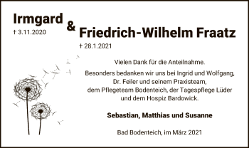 Todesanzeige von Irmgard und Friedrich-Wilhelm Fraatz von UEL