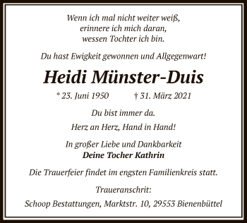 Todesanzeige von Heidi Münster-Duis von UEL