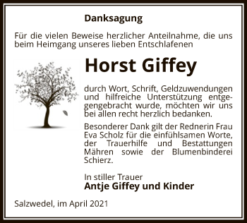Todesanzeige von Horst Giffey von UEL