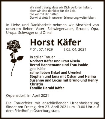 Todesanzeige von Horst Käfer von UEL