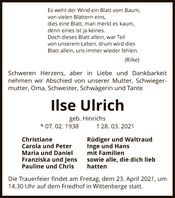 Todesanzeige von Ilse Ulrich von UEL