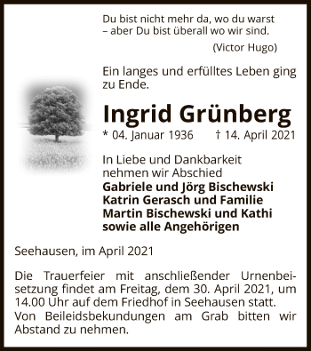 Todesanzeige von Ingrid Grünberg von UEL
