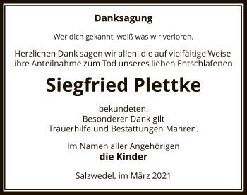 Todesanzeige von Siegfried Plettke von UEL