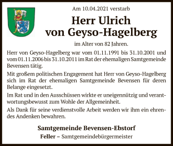 Todesanzeige von Ulrich von Geyso-Hagelberg von UEL