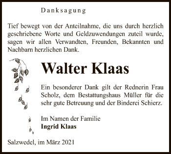 Todesanzeige von Walter Klaas von UEL