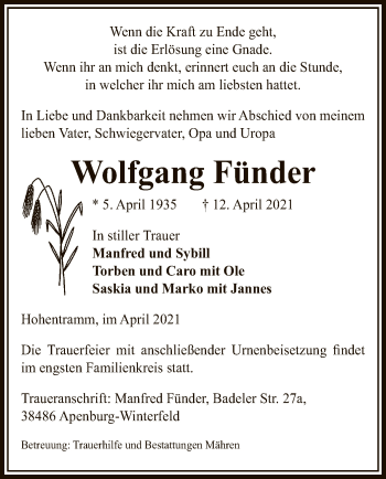 Todesanzeige von Wolfgang Fünder von UEL