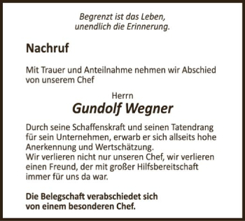 Todesanzeige von Gundolf Wegner von UEL