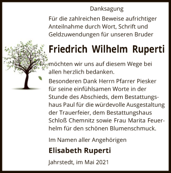 Todesanzeige von Friedrich Wilhelm Ruperti von UEL