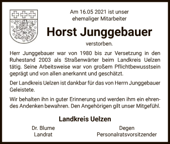 Todesanzeige von Horst Junggebauer von UEL
