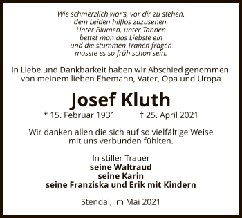 Todesanzeige von Josef Kluth von UEL
