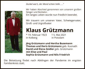 Todesanzeige von Klaus Grützmann von UEL