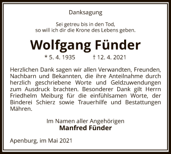 Todesanzeige von Wolfgang Fünder von UEL