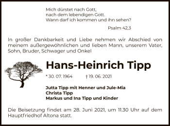 Todesanzeige von Hans-Heinrich Tipp von UEL