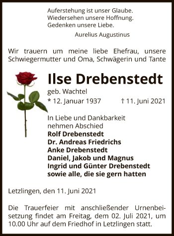 Todesanzeige von Ilse Drebenstedt von UEL