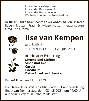 Todesanzeige von Ilse van Kempen von UEL