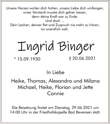 Todesanzeige von Ingrid Binger von UEL