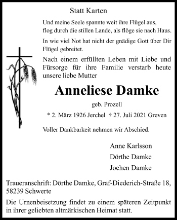 Todesanzeige von Anneliese Damke von UEL