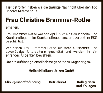 Todesanzeige von Christine Brammer-Rothe von UEL