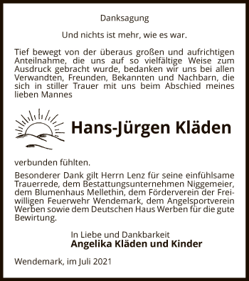 Todesanzeige von Hans-Jürgen Kläden von UEL