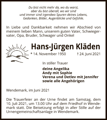 Todesanzeige von Hans-Jürgen Kläden von UEL