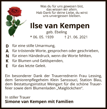 Todesanzeige von Ilse van Kempen von UEL
