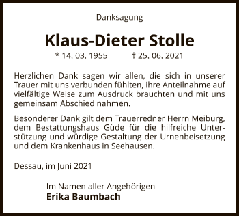 Todesanzeige von Klaus-Dieter Stolle von UEL
