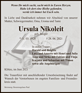 Todesanzeige von Ursula Nikoleit von UEL